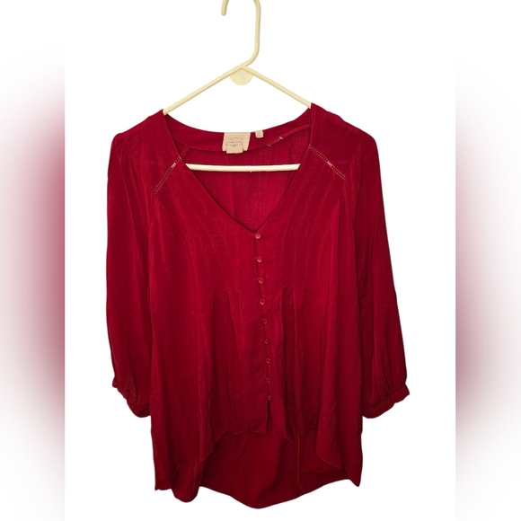 Anthropologie Tops - Vanessa Virginia Anthropologie Red V Neck Pintuck Button Blouse Top Size 6